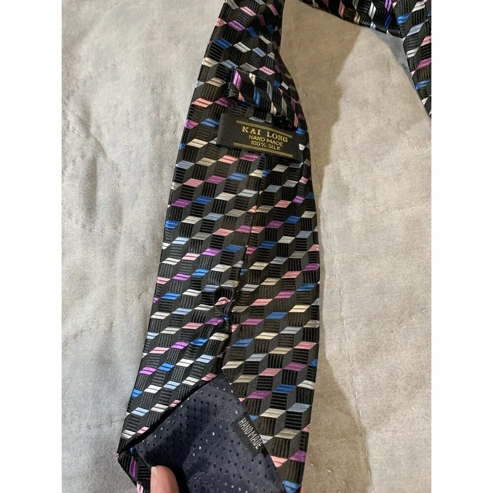 Kai Long Men's Pink Purple Black Geometric Abstract NeckTie 100% Silk Handmade